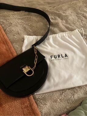 Furla Black Leather Crossbody with Gold Chain Accent